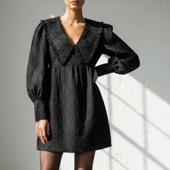 Ganni Dresses & Skirts - GANNI Jacquard Organza Black Mini Babydoll Dress SZ 34(2) Fairy Grunge Ethereal